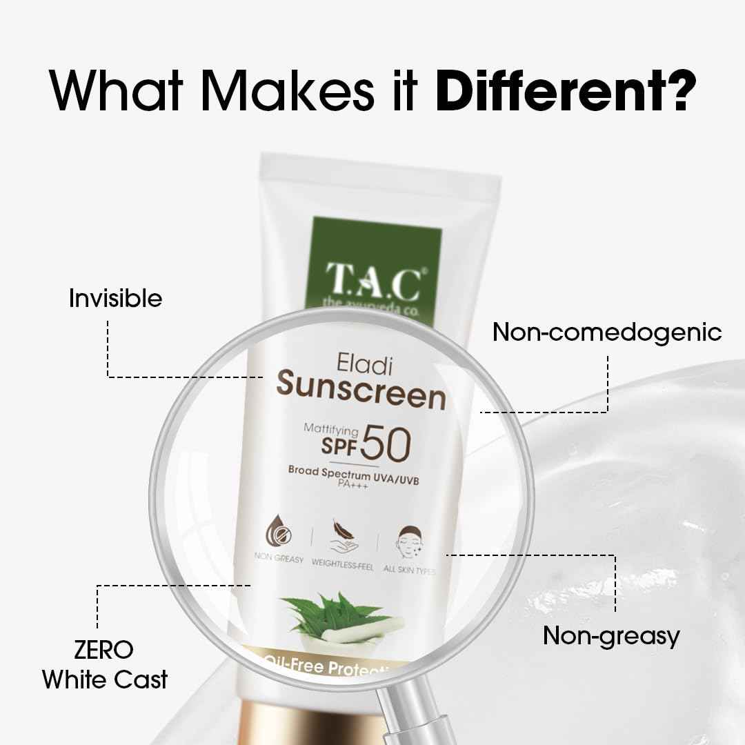 TAC - The Ayurveda Co. Sunscreen SPF50 PA++ for UVA & UVB Sun Protection with Eladi, Triphla & Hemp Seed, Protect & Anti Tan, Sheer Hydration, Clean Feel, Quick Drying & Water-Resistant 80gm