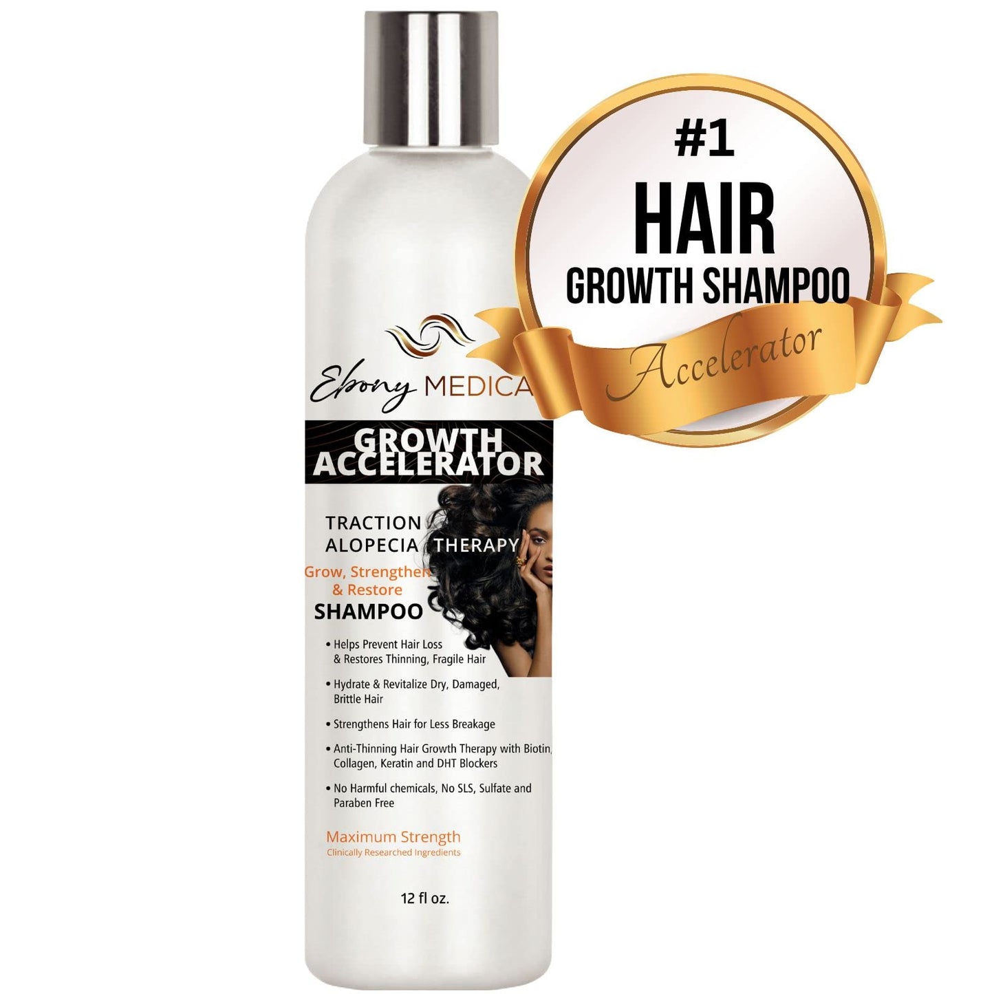 Ebony Medical Hair Support Shampoo – Thinning Hair & Patchy Hair Solution – Strengthens Strands, Scalp Health & Volume – Natural, Vegan, Sulfate-Free – 12 fl oz
