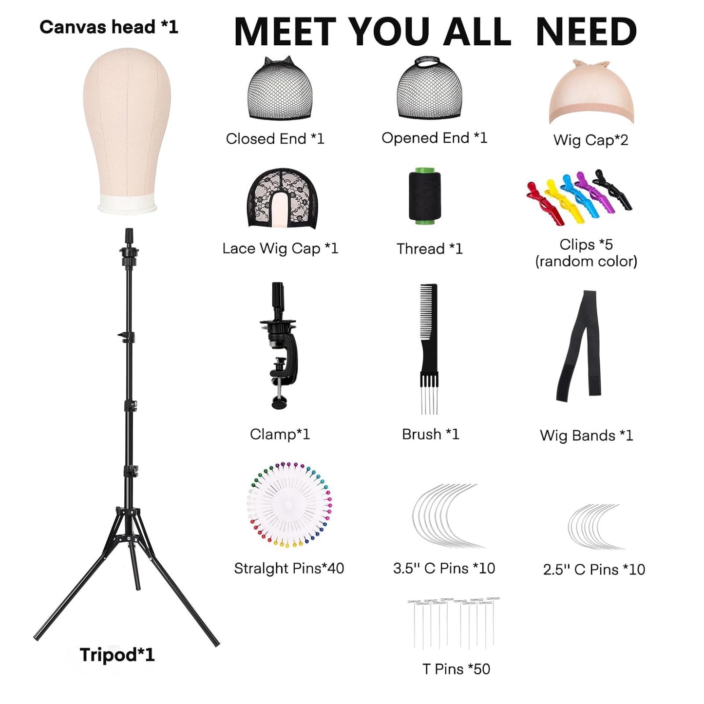 63In Wig Stand Tripod with 22In Head, Mannequin Head for Wig Making Display
