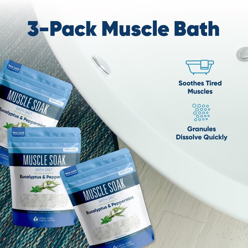 Muscle Bath Salt (3-Pack with Scoop) Muscle Bath Soaks with Pure Essential Oils in BPA Free Pouch with Press-Lock Seal Made in USA, Three 2-lbs Pouches 6-Lbs Total
