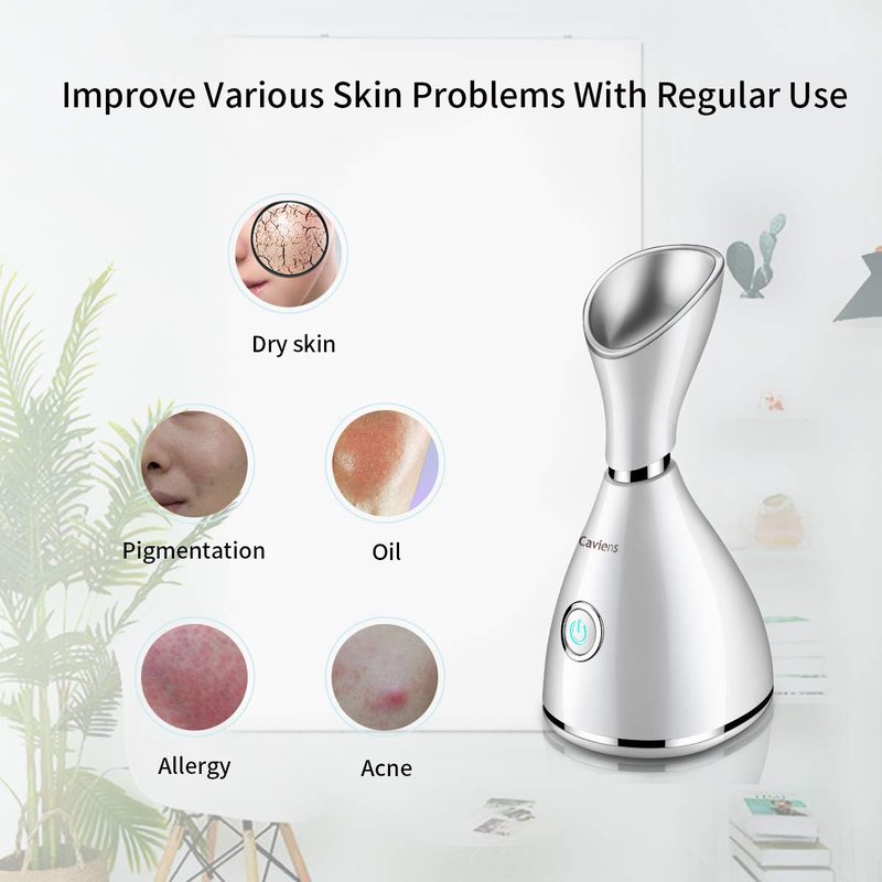 Facial Steamer-Nano Ionic Facial Steamer Warm Mist Humidifier Atomizer Sprayer Moisturizing Face Steamer Home Sauna SPA Face with 4 Piece Stainless Steel Skin Kit and Hair Band(White)