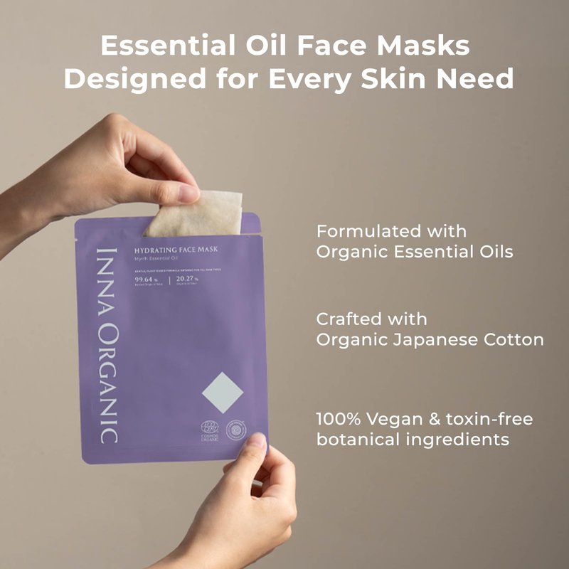 INNA ORGANIC Sheet Mask - Deep Hydration & Long-lasting Hydration | EWG & COSMOS Certified (Pack of 3) | Myrrh Essential Oils Infused Skin Care | Luxury Clean Beauty