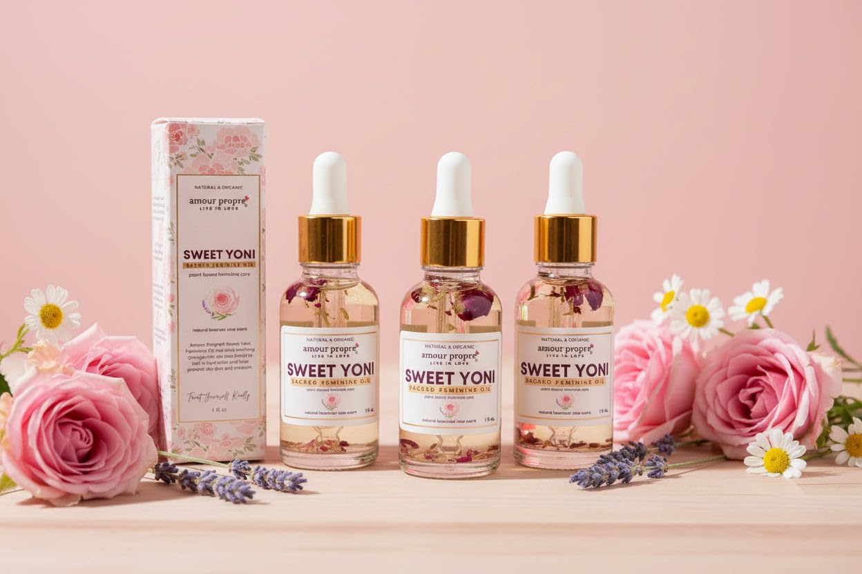 Amour Propre® Sweet Yoni - Sacred Feminine Oil | 1oz | Eliminates Odor, Restores PH Balance, Heals and soothes, Organic, Herbal Yoni Blend Made with Lavender, Rose & Chamomile Oils