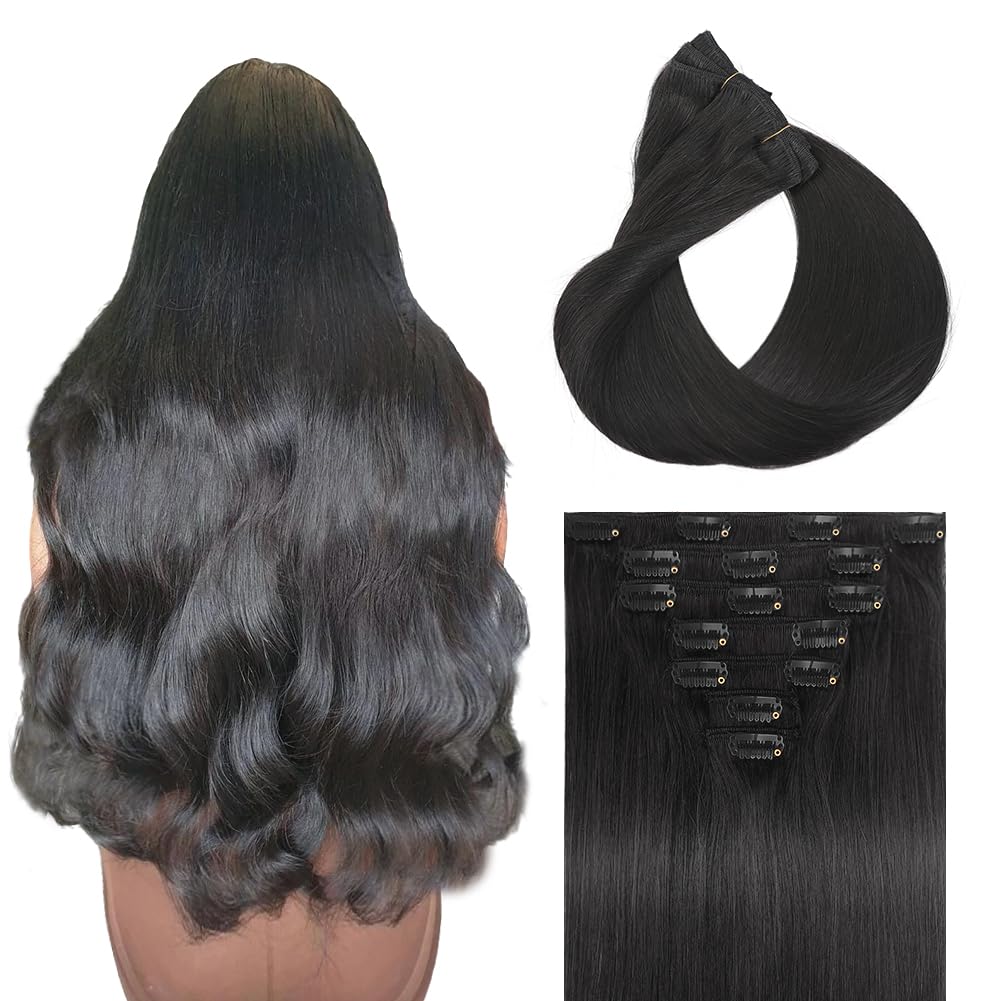 Moucyo Clip in Hair Extensions Real Human Hair 100% Brazilian Remy Human Hair Seamless Invisible clip on hair extensions for women Double Weft 7pcs 16 Inch 85g #1B Natural Black