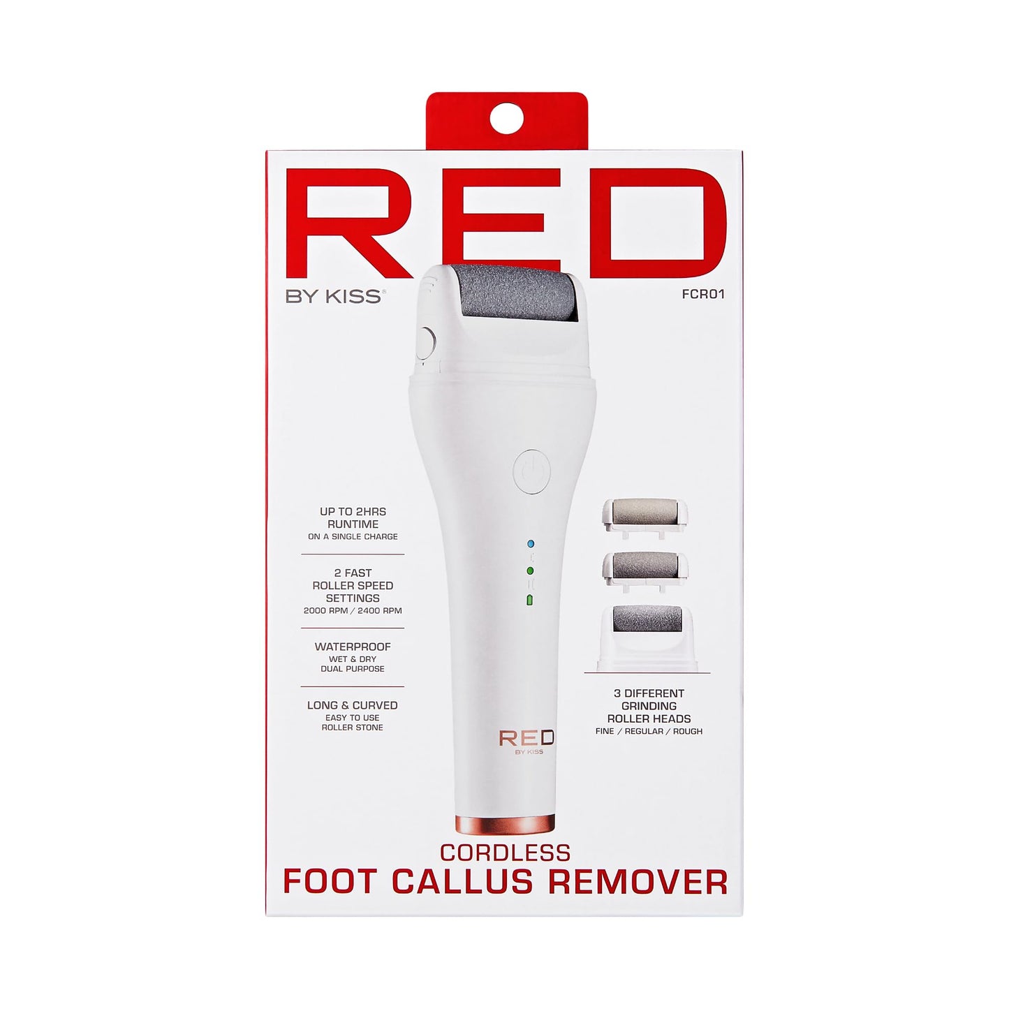 Red by Kiss Cordless Electric Foot File Callus Remover, 3 Roller Heads & 2 Speed Setting, Long and Curved Roller Head Stone, Wet & Dry Dual Purpose, Up to 2 hr Runtime, Easy & Portable