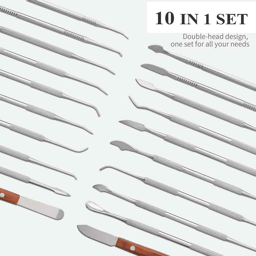 10 PCS Dental Wax Carving Tools Stainless Steel Waxing Modeling Kits with Case, Wax Carvers Set, Plaster Knife Metal Clay Sculpting Pottery Sculpture Tools Double Ended Tools