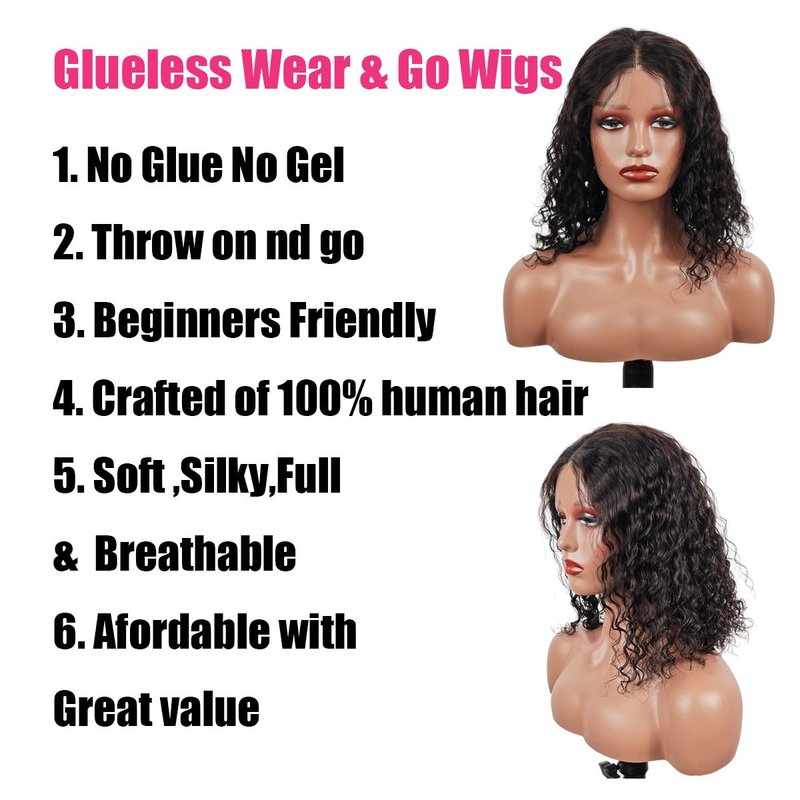 Glueless Wigs Human Hair - Pre Plucked Bob Wig | 180% Density Deep Wave Curly 12-Inch Natural Black