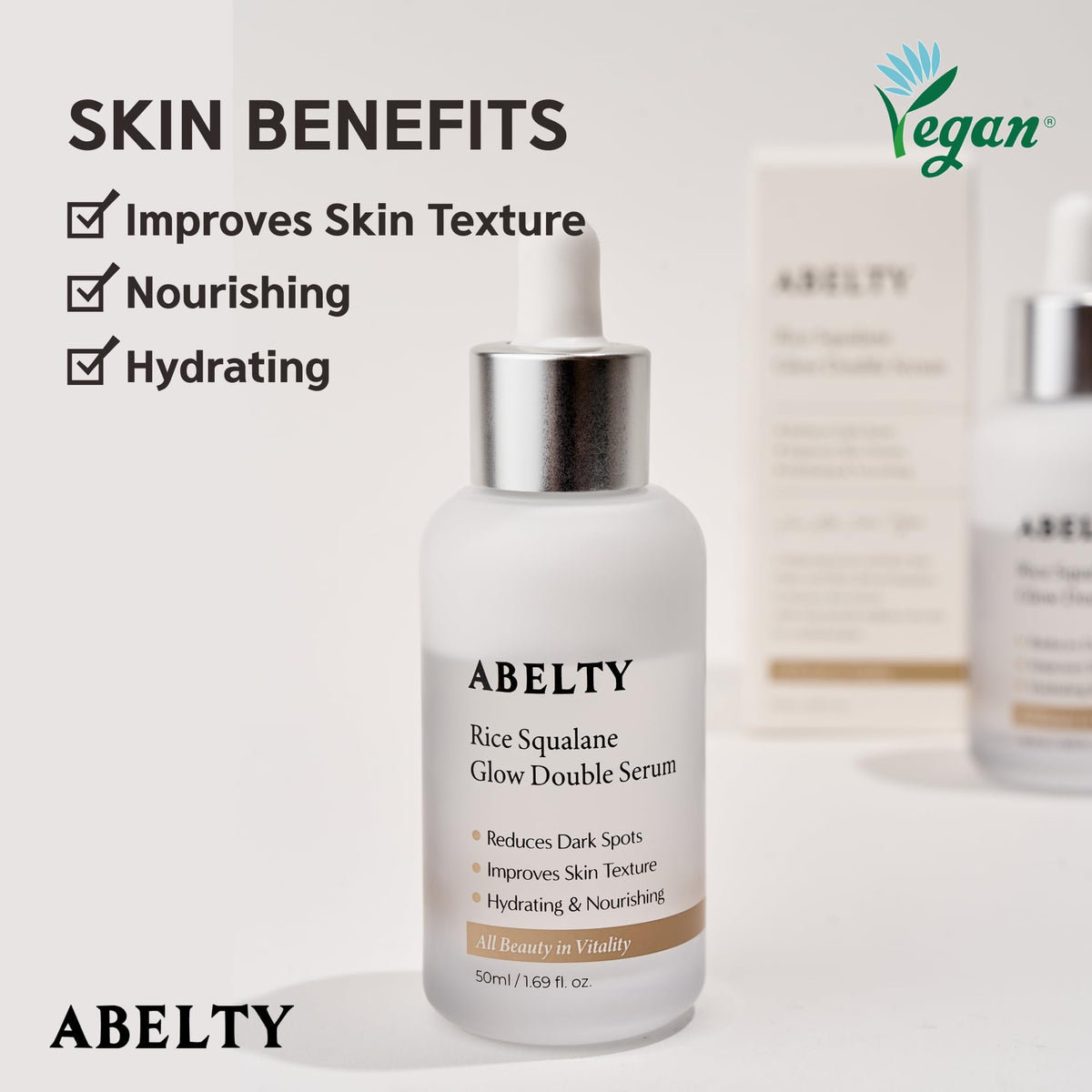 ABELTY Rice Squalane Glow Double Serum – Korean Hydrating Skincare with Olive Squalane 5%, Rice Extract, Niacinamide, Hyaluronic acid for Glass Skin, Anti-Pigmentation, Even Skin Tone, 50ml/1.69 Fl.oz
