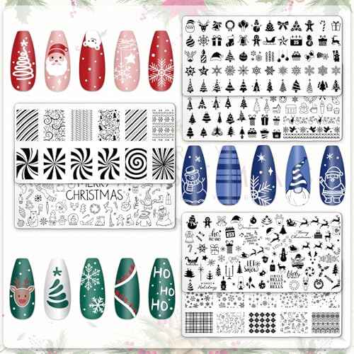 Whaline 6Pcs Christmas Nail Plates Stamping Set Xmas Tree Snowflake Snowman Stamp Templates Nail Art Plates for Winter DIY Print Manicure Salon Design Gift