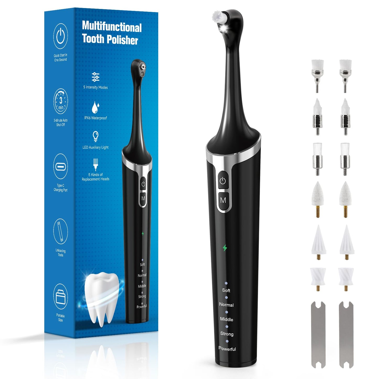 GUPAY Tooth Polisher Rechargeable Teeth Whitening Kits for Teeth Daily Cleaning and Whitening Dental Polisher with 2 Set Polishing Brush Heads LED Light 5 Speed Modes Waterproof