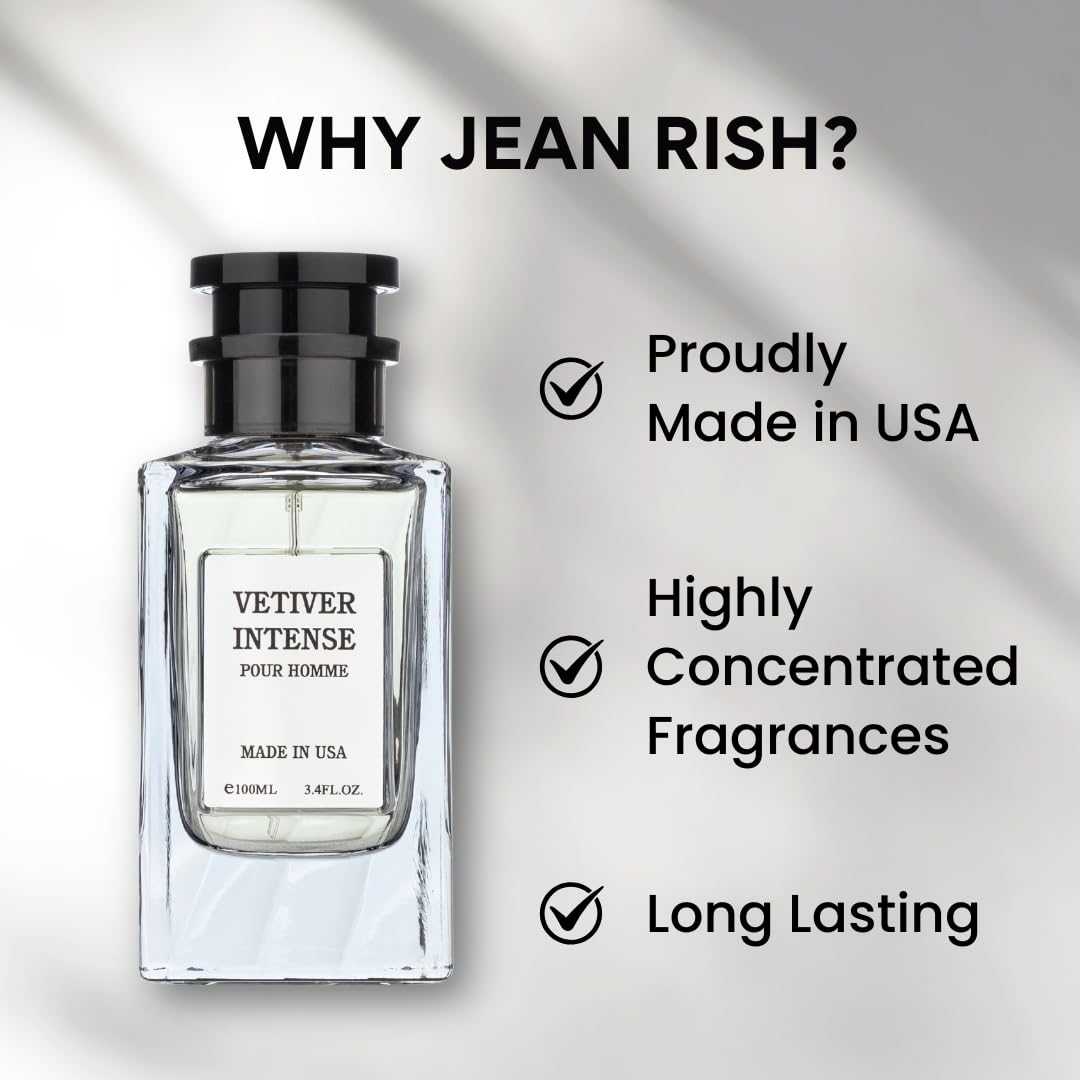 Jean Rish Vetiver Intense Perfume for Men Eau De Parfum, Long-Lasting Luxury Fragrance, Made In USA - Lemon, Mint, Bergamot, Ginger, Sandalwood Scent - 100ml / 3.4 oz