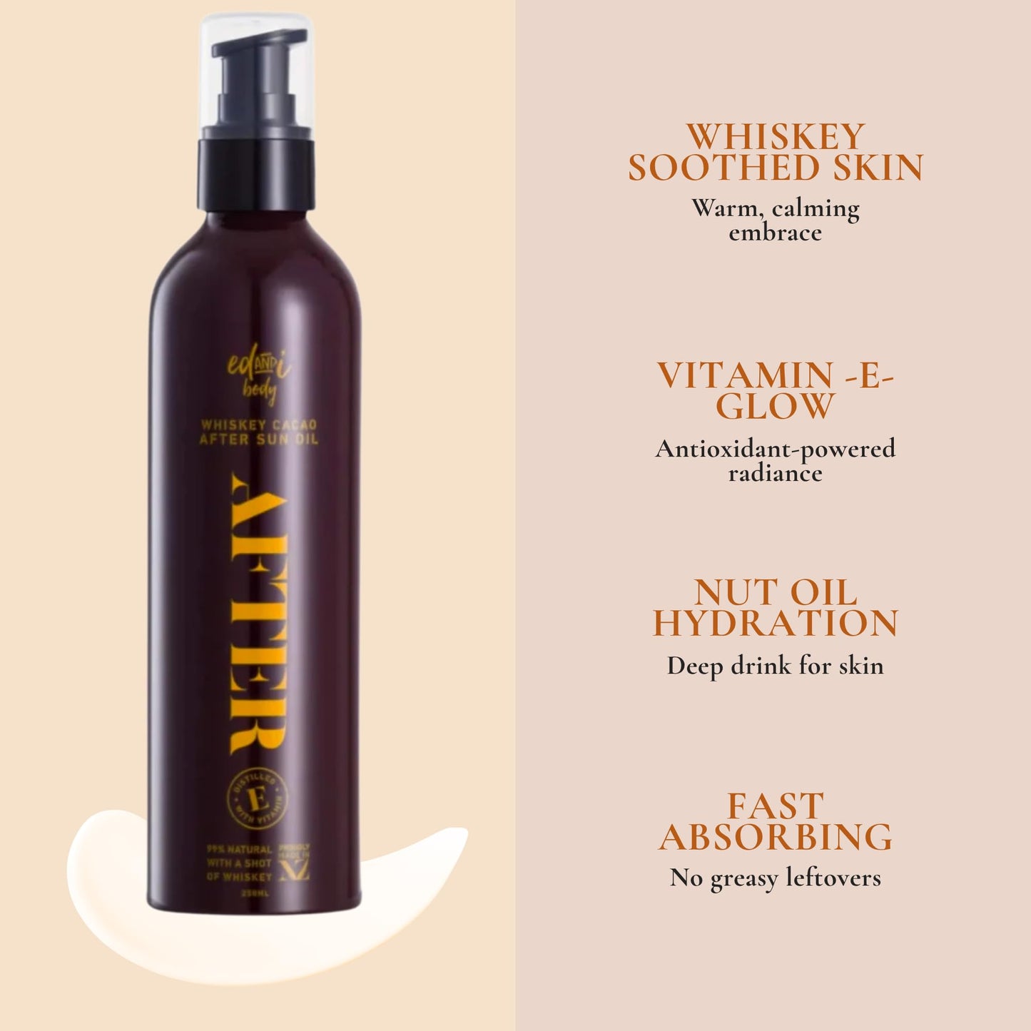 ed&i AFTER Whiskey Cacao Body Oil with Vitamin E, Hydrating and Nourishing for Dry Skin, Moisturizing After Shower Body Oil for Women, Non-Greasy Glow, 5.07 oz