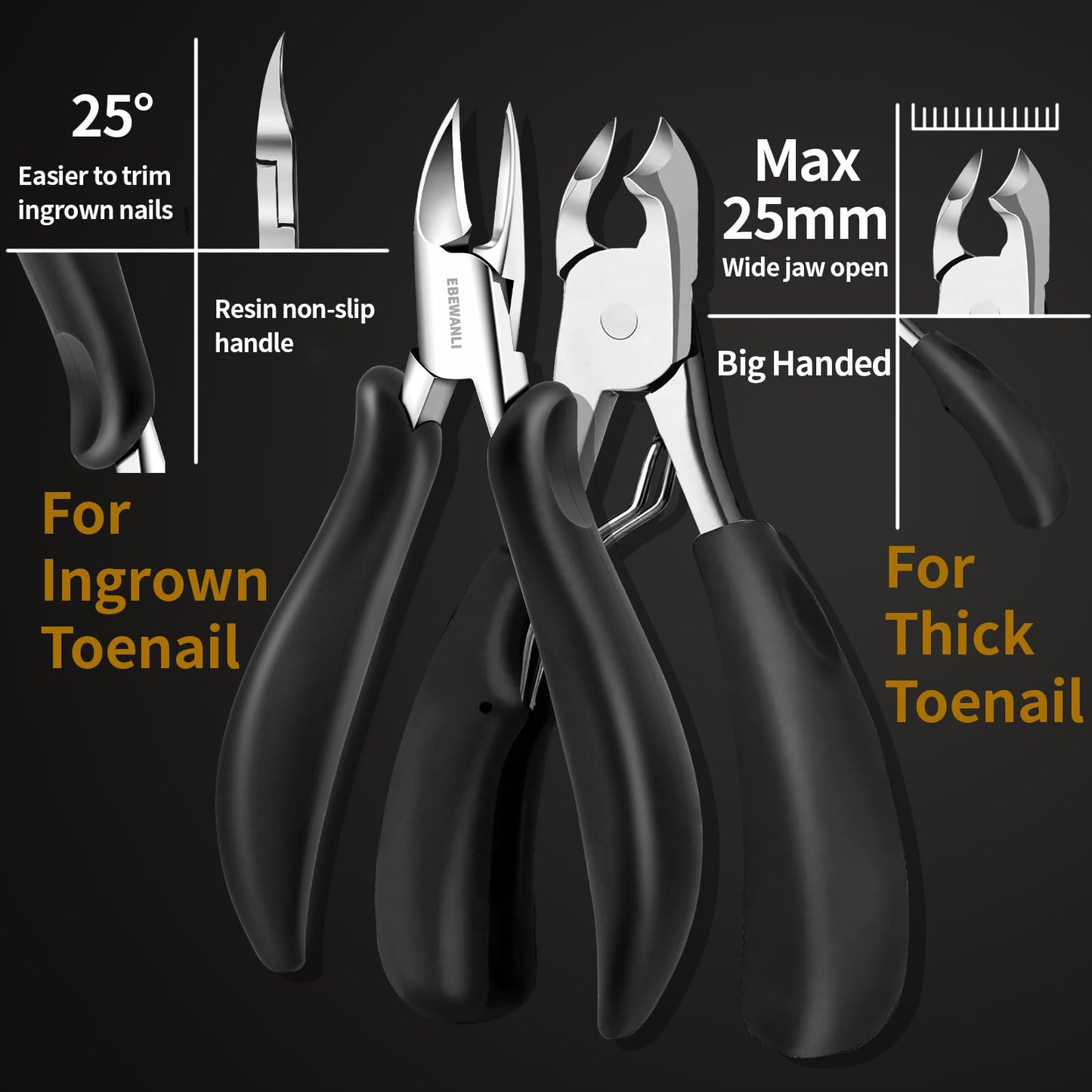 EBEWANLI Toe Nail Kit, 7PCS Pedicure Tools for Feet, Heavy Duty Toenail Clippers for Thick Toenails or Ingrown Toenail Removal, Professional Nail Nippers Cutters with Non-Slip Handle for Seniors