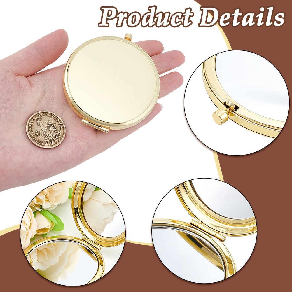 10 Pcs Small Folding Makeup Pocket Mirror - Golden Double-Sided 1X/2X Magnifying Round Mirrors for Travel & Work