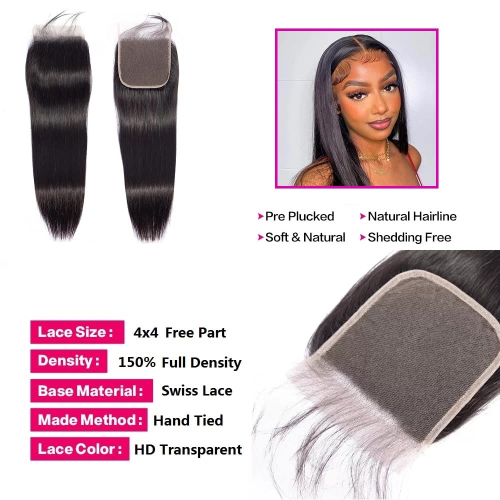 4x4 Straight Lace Closure Human Hair 18 Inch HD Lace Closure Free Part 100% Brazilian Virgin Hair Straight Transparent Lace Pre Plucked with Baby Hair