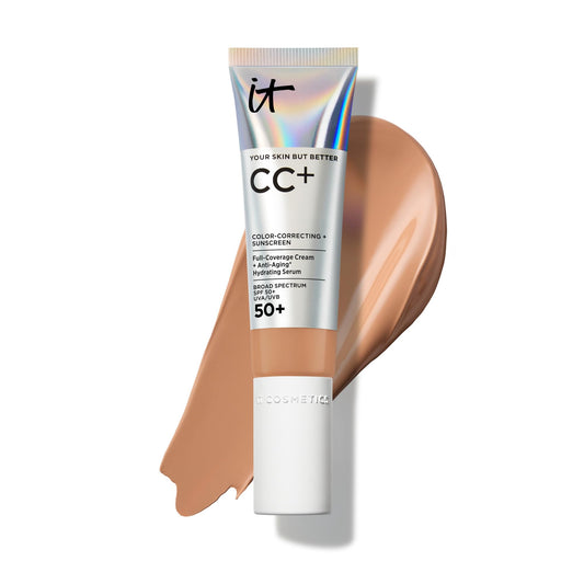 IT Cosmetics CC+ Cream (Tan) - Natural Full Coverage Foundation With SPF 50+, Color Corrector & Anti-Aging Hydrating Serum, Hyaluronic Acid + Peptides, Lightweight - 1.08 fl oz