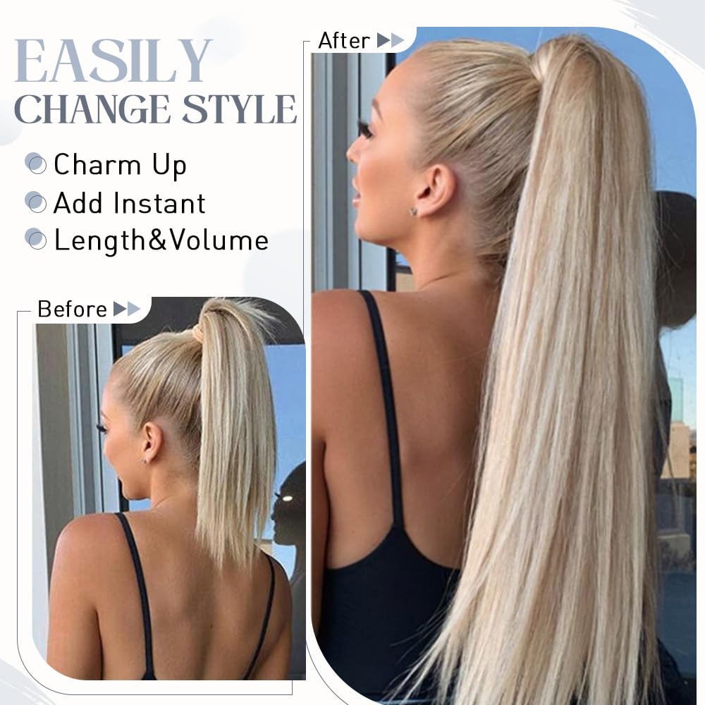 Rich Choices Ponytail Extension 100% Real Human Hair Wrap Around Remy Ponytail Extension for Women Clip In Long Pony tail Extensions Straight 13.5 Inch #18P613 Ash Blonde Highlighted Bleach Blonde