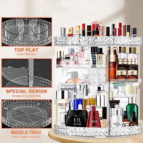360 Rotating Makeup Organizer for Vanity + Makeup Brush Holder,Perfume Organizer with 6 DIY Adjustable Layer,Large Capacity Skincare Organizers,Lazy Susan Make up Organizer for Bedroom Dresser,Clear
