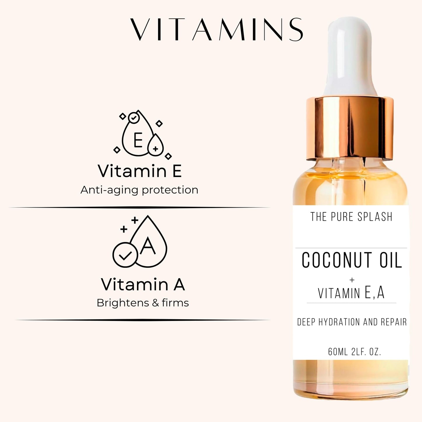 THE PURE SPLASH Coconut Oil with Vitamins E and A – Deep Hydration & Skin Nourishment | Lightweight, Non-Greasy Formula for Face, Body & Hair | 60ml