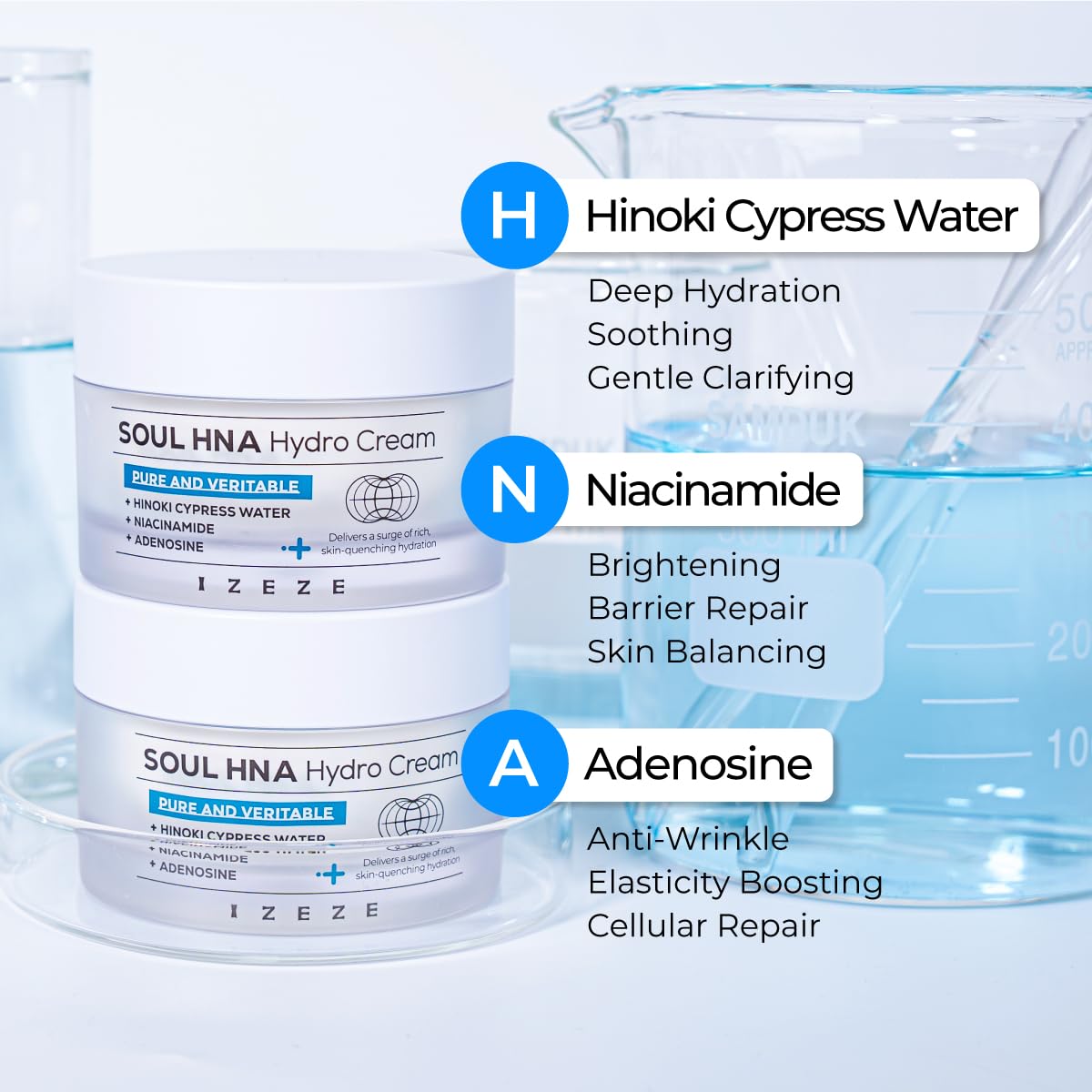 IZEZE Soul HNA Hydro Cream 1.69 fl.oz, 50 ml | Hyaluronic Acid Moisturizer Face Cream with Adenosine, Cypress Water, Niacinamide | Korean Skincare for Dry Skin, Hydrating and Firming