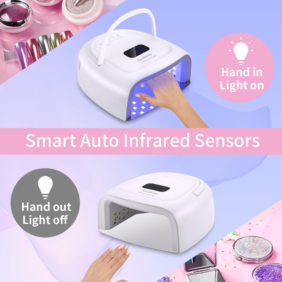 Ayshone Rechargeable LED Gel Nail Lamp,60W Cordless UV Led Nail Light Nail Dryer for Gel Nails with Lifting Handle Touch Sensor LCD Screen(White)