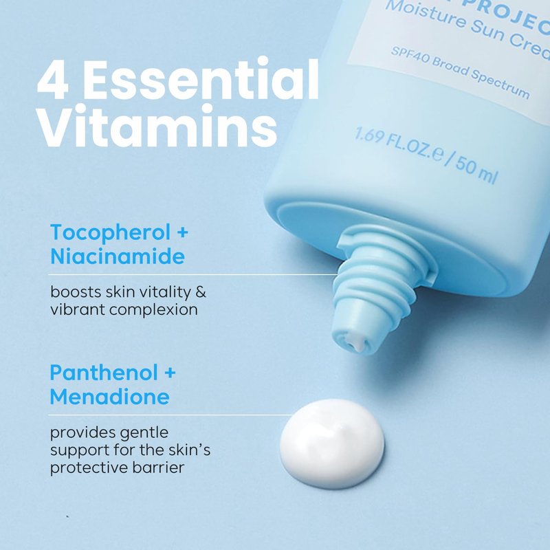 Sun Project Moisture Sun Cream SPF 40 - Korean Sunscreen with Panthenol | Fragrance-Free, Broad Spectrum, 1.69 fl oz