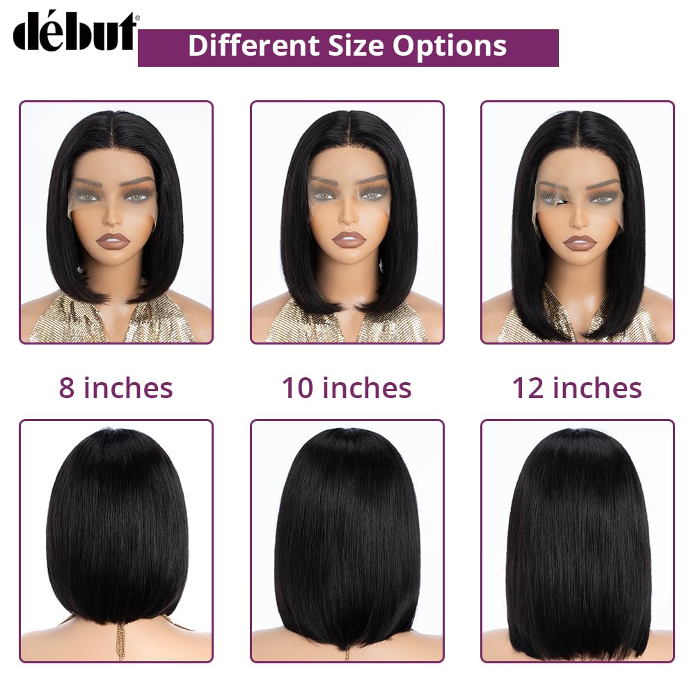 DÉBUT Human Hair Bob Wig 13x4x1 T Part Lace Front Wigs Short Bob 8 Inches Middle Part Wigs Brazilian Virgin Straight Hair Natural Color for Black Women