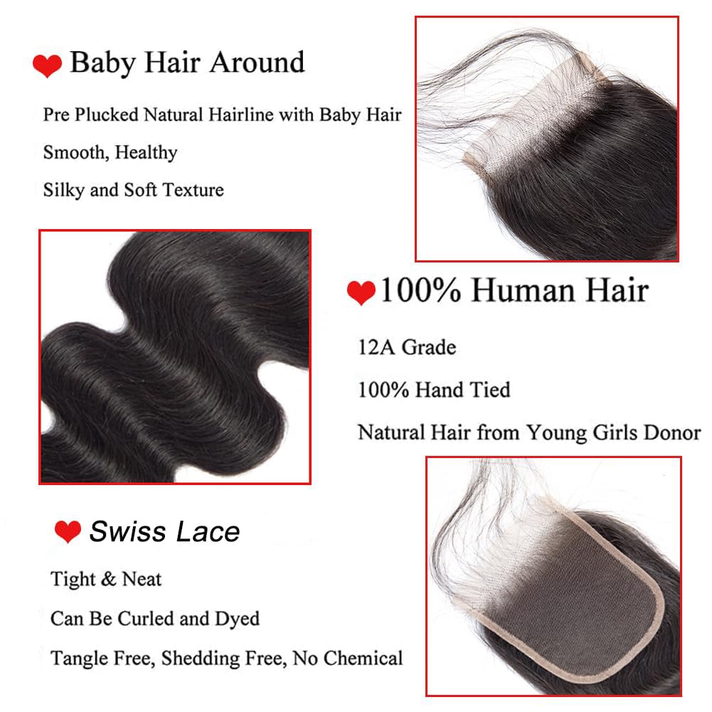 Body Wave Human Hair Closure 4x4 Lace Closure 20 Inch 12A Brazilian Virgin Hair Free Part Pre Plucked Skinlike Lace Closure Human Hair Natural Black Color (Black Body Wave Closure, 20)