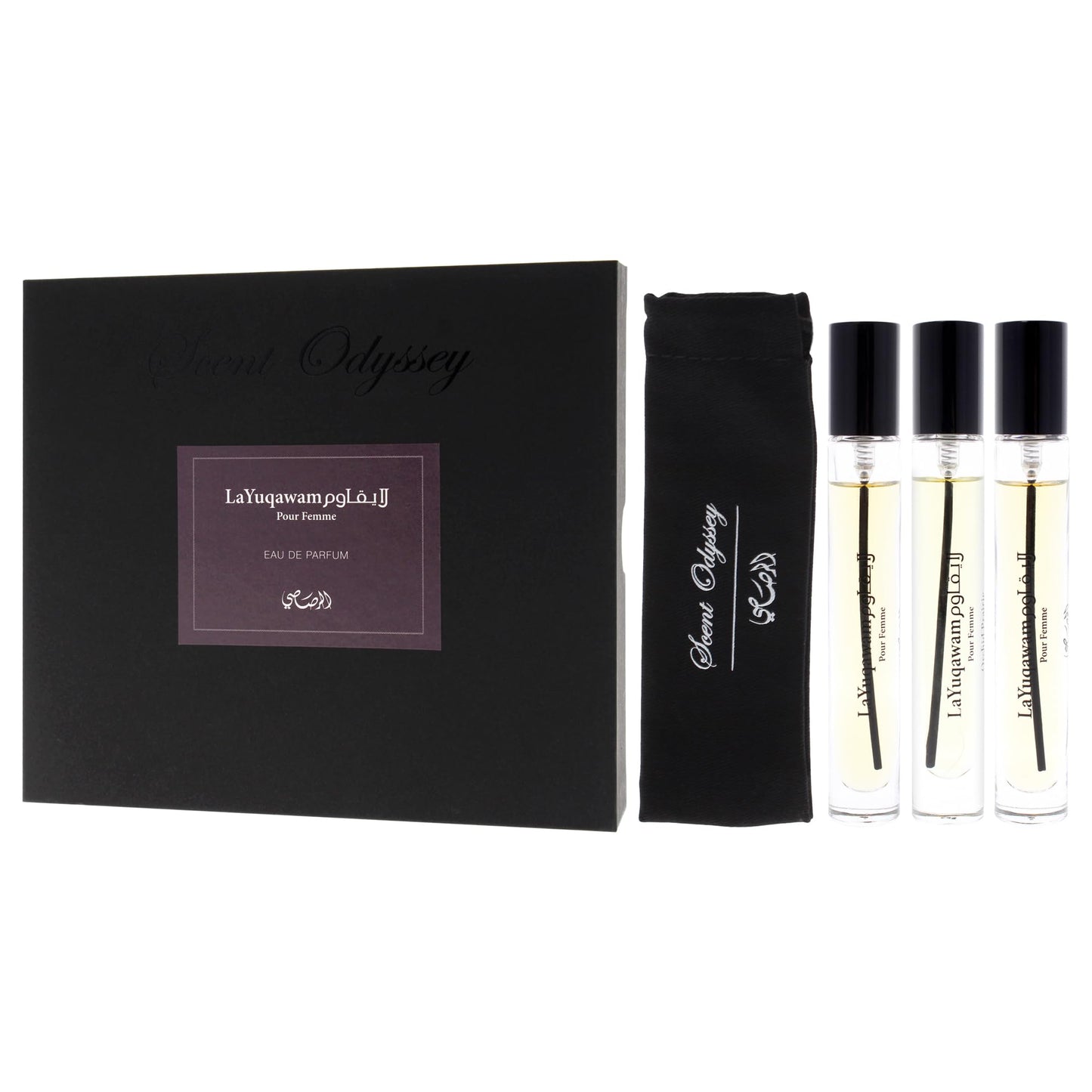 Rasasi Scent Odyssey La Yuqawam for Women | 3-Piece Mini Gift Set | Includes 0.25oz La Yuqawam Pour Femme EDP Spray, | 0.25oz Jasmine Wisp EDP Spray, | 0.25oz Orchid Prairie EDP Spray