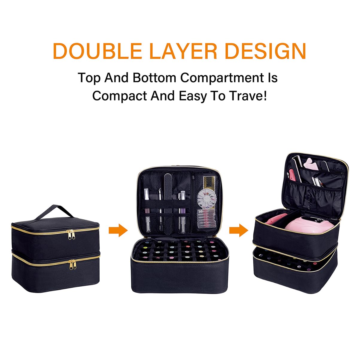 UOZL Nail Polish Organizer, Handheld Double Layer Organizer Holds 30 Bottles (15 ml/0.5 floz) with Adjustable Dividers for Nail Polish Small Manicure Lamp Manicure Tools Essential and Travel,Black