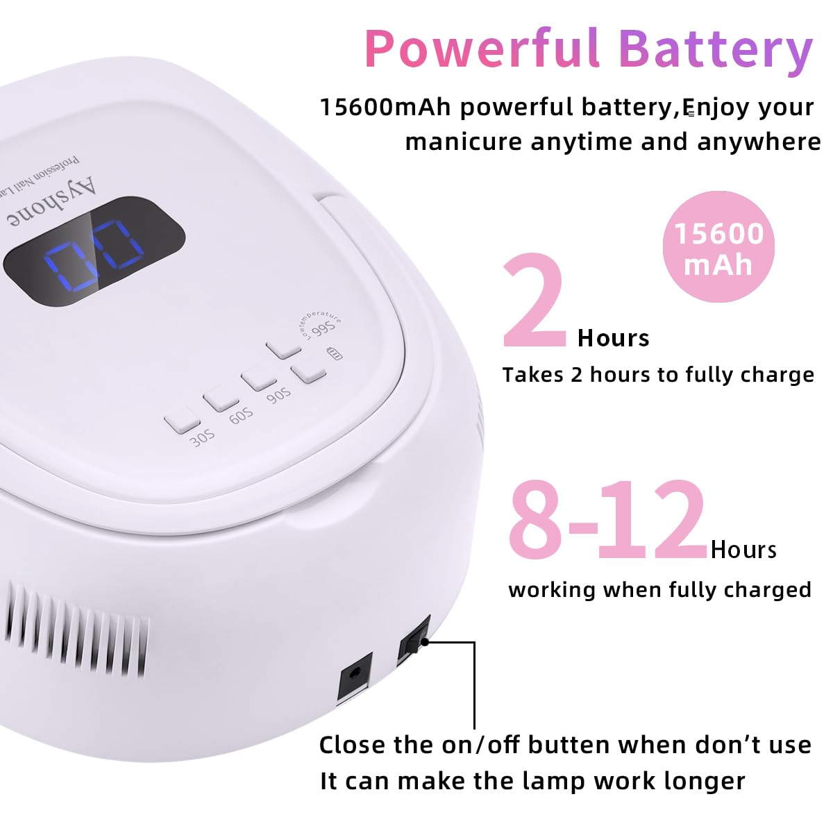 Ayshone Rechargeable LED Gel Nail Lamp,60W Cordless UV Led Nail Light Nail Dryer for Gel Nails with Lifting Handle Touch Sensor LCD Screen(White)