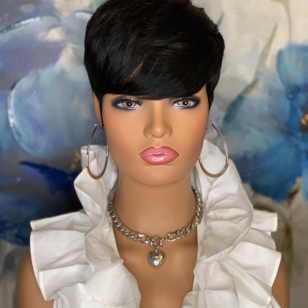 showreal Pixie Cut Wig Human Hair for Black Women Short Pixie Cut Wigs Natural Looking 100% Real Human Hair Wigs Natural Black Glueless Pixie Wigs with Bangs (9149-1B)