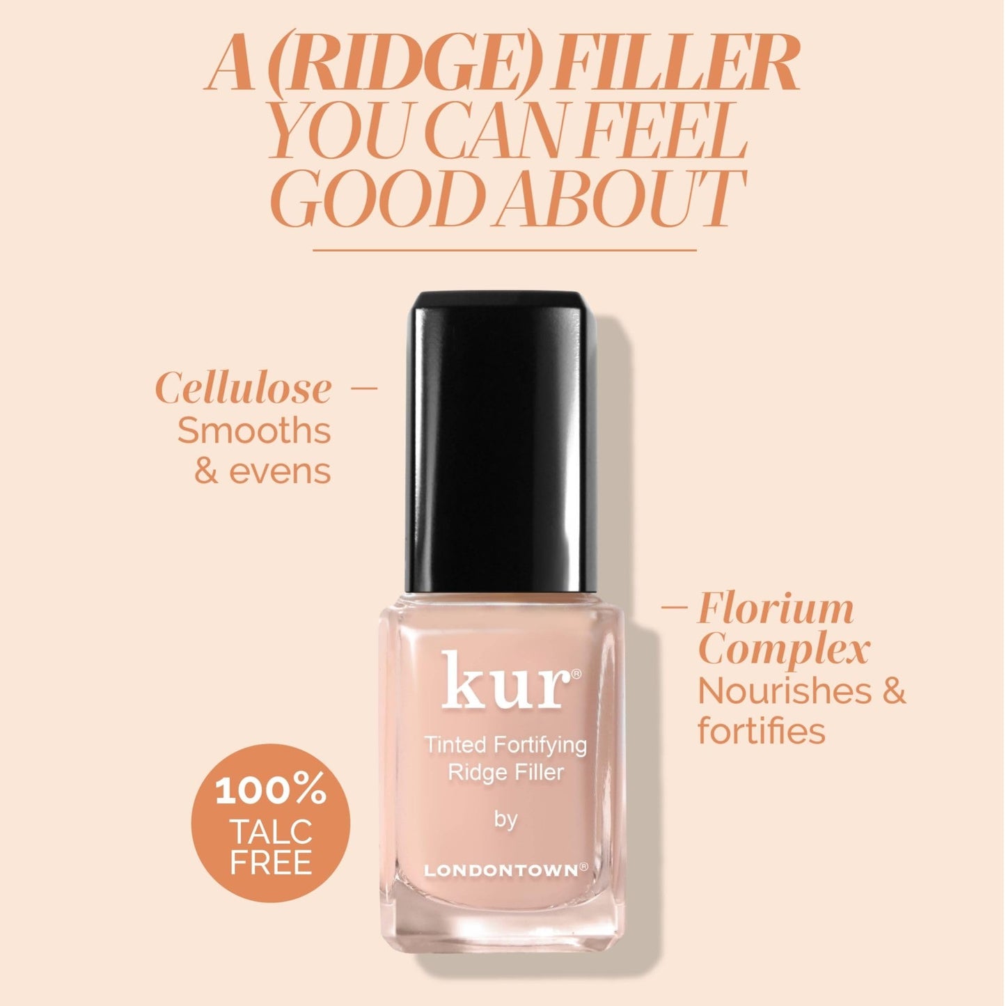 LONDONTOWN Kur Nail Ridge Filler - Smoother - Strengthener - Filler for Damaged Uneven Nails - Fortifying, Self Leveling Base, Vegan, Cruelty Free, Paraben Free, Apricot-Beige, 0.4 fl oz