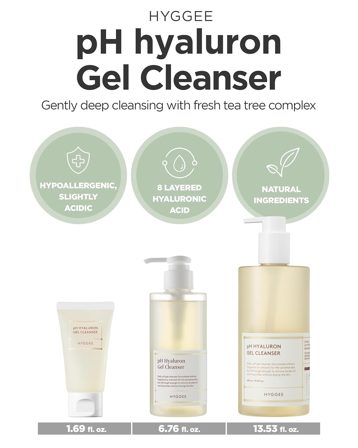 KSBC HYGGEE pH Hyaluron Gel Cleanser - Hyaluronic Acid Hydrating Face Wash - pH Balancing Formula for All Skin Types - Hypoallergenic Mild Makeup Cleansing Gel (13.52 fl.oz.)