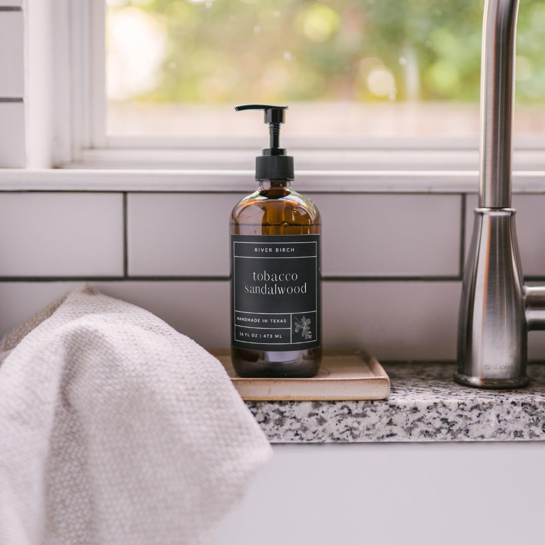 River Birch Tobacco Sandalwood Scented Natural Hand Soap - Handmade Soap - Moisturizing Hand Wash with Amber Glass Dispenser - Luxury Scented Hydrating Hand Soap - Vegan and Non-Toxic - 16 Fl Oz