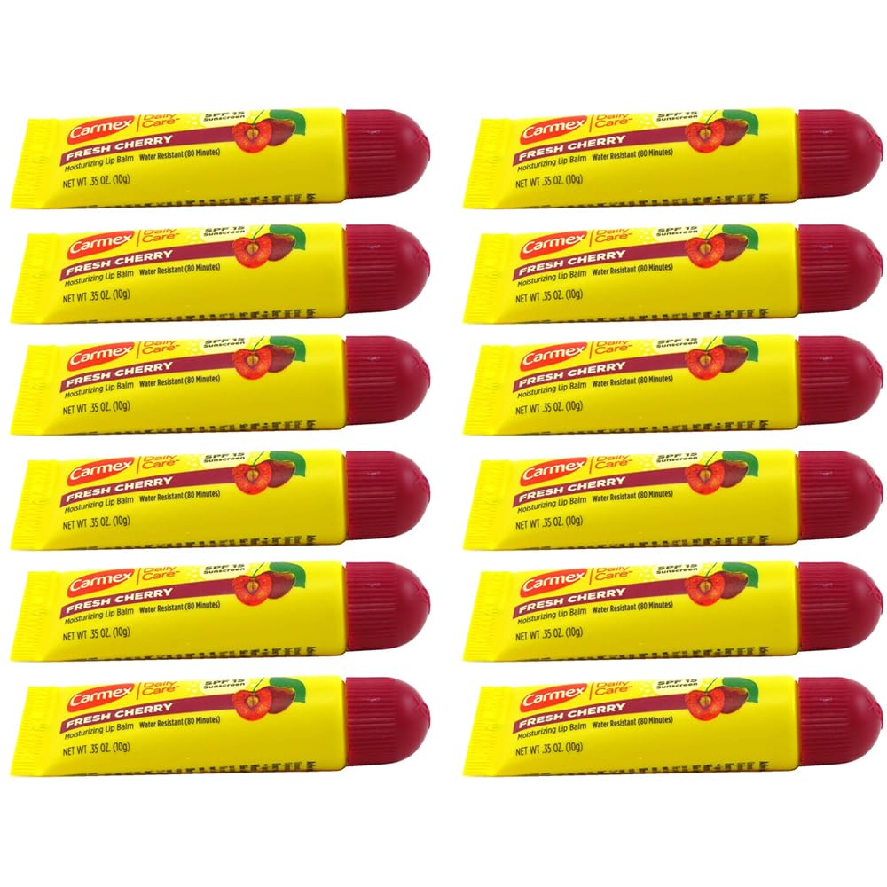 Carmex Lip Balm Tube Fresh Cherry SPF#15 0.35 Ounce (12 Pack)