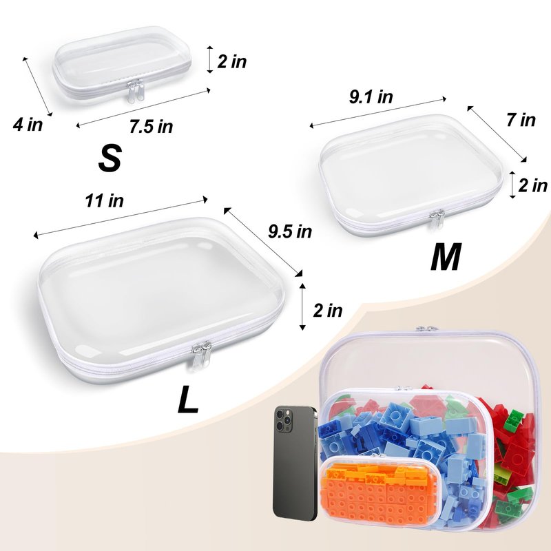 SXS LACONIC Clear Hard Plastic Zipper Case,Transparent Double Zippers Hard Pouch with 6pcs,Portable Travel Organizer Bin for Toy Storage