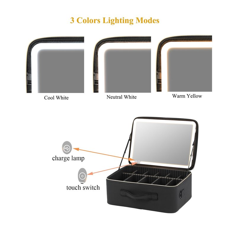 Tense Edano Extra Large PU Cosmetics Train Case with LED Lighted Mirror Rechargeable 3 Color Lights Portable Makeup Artist Organizer with Adjustable Dividers Shoulder Strap (Lighted Cosemtic Case)