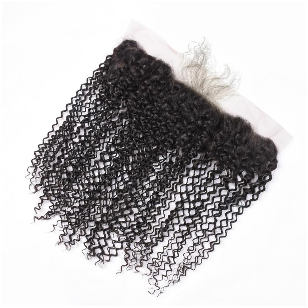 13x4 Lace Frontal Closure Kinky Curly Human Hair Ear to Ear Frontal HD Lace Pre Plucked 16 Inch Free Part Brazilian Hair Extensions 150% Density Natural Black