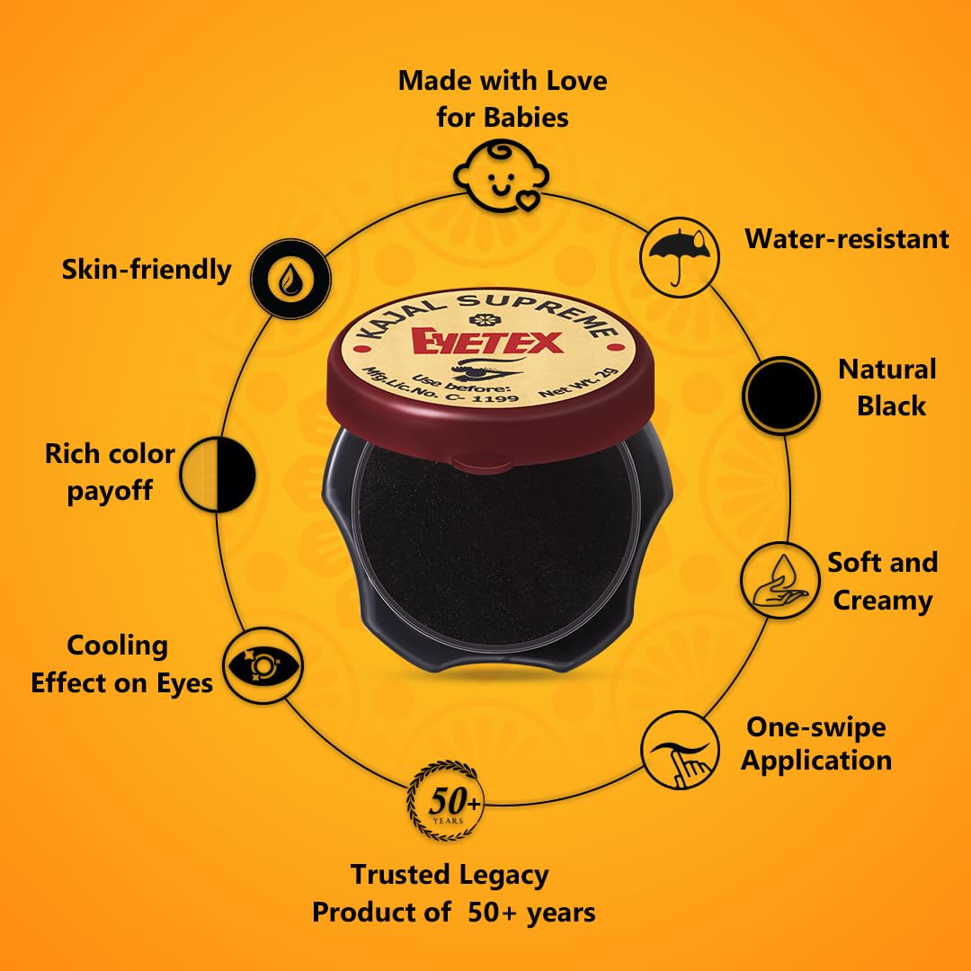 Eyetex Kajal Supreme Paste, Black, Pack of 10, Baby-Safe, All Natural Kajal, Skin-Friendly, Cooling Effect on Eyes, Popular for over 80 years, Vegan