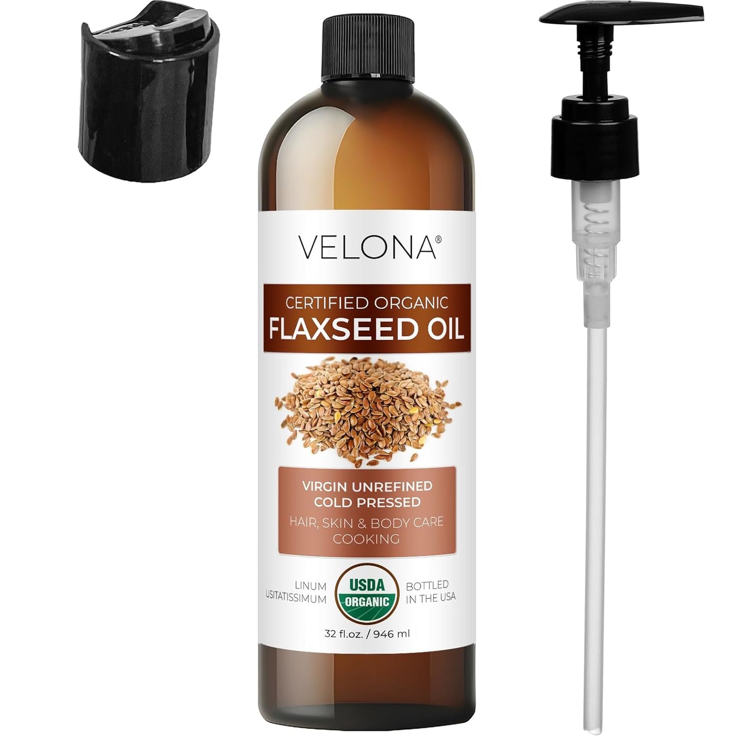 Organic Flaxseed Oil - 32 Fl Oz | 100% Pure Cold Pressed Carrier Oil for Body, Face & Skin Care