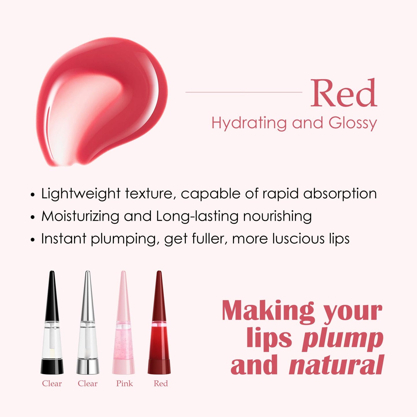 FREEORR Lip Plumper, Extreme Plumping Lip Fuller, Hydrating and Transparent Lips Balm, Volumizing formula, Youthful Fuller Gloss, Smoother Lips and High Glossy, Non-Sticky-04A Red, 0.21 Fl Oz