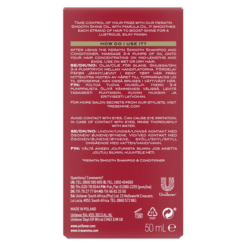 TRESemmé Pro Collection Keratin Smooth Shine Oil with keratin and marula oil for soft, shiny, frizz-free hair 50 ml