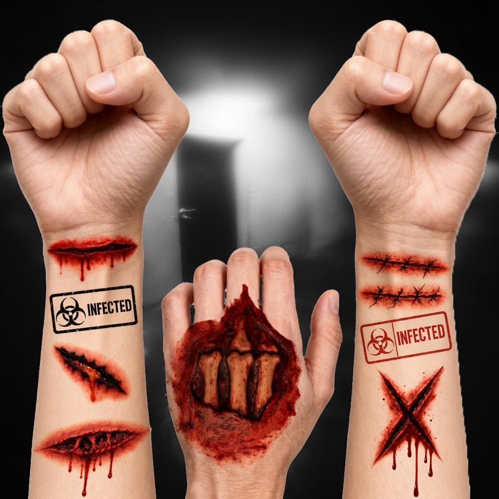 Halloween Zombie Tattoos Kit – 6 Sheets (4 Zombie Tattoos + 2 Wound Tattoos) – Fake Scars Temporary Tattoos for Adults, Women, Men – Realistic Zombie Makeup Kit, Scary Halloween Makeup Accessories (A)