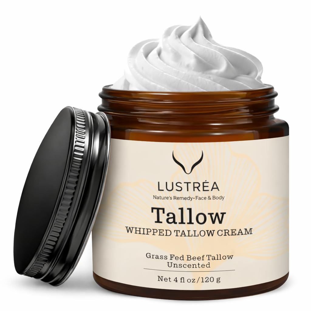 LUSTRÉA Whipped Tallow Cream for Face & Body 4oz (120g) Unscented | Grass Fed Beef Tallow Face Cream | Hydrating Face Cream for Sensitive Skin | Non-Greasy Skin Moisturizer | Multi-Use Body Balm