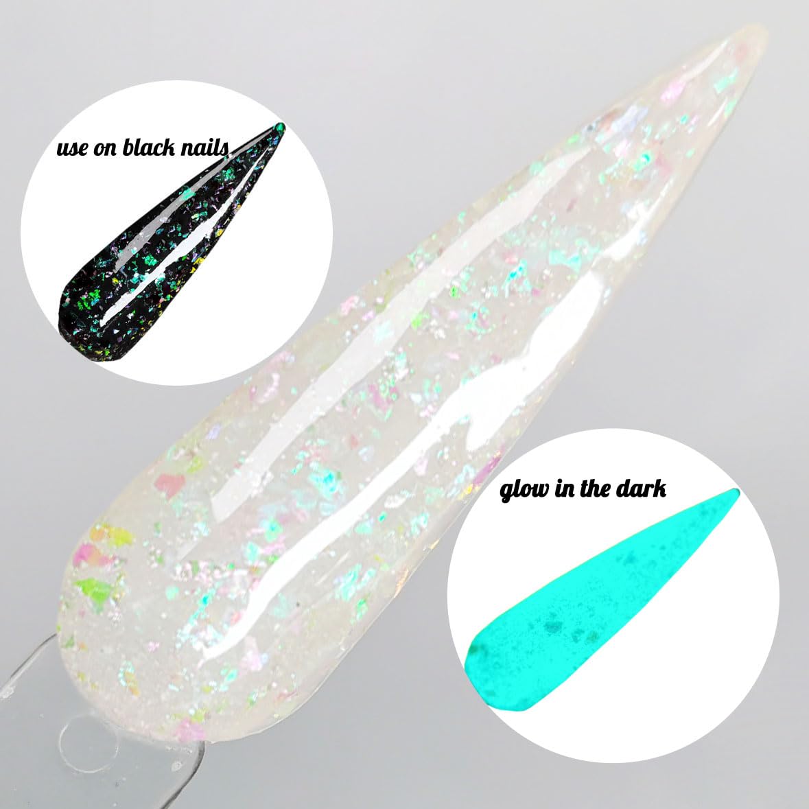 OUMISAYA Glow in the dark Holographic Nail Clear Dip Powder Colors 1OZ Pefect Top Coat Powder with opal foils for black nails art