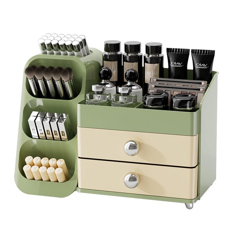 Makeup Organizer Countertop For Women,Brush Holder, Makeup Storage Organizer with 2 Drawers, Spacious Cosmetic Display Case for Beauty Essential, Skincare, Lipstick (Green)