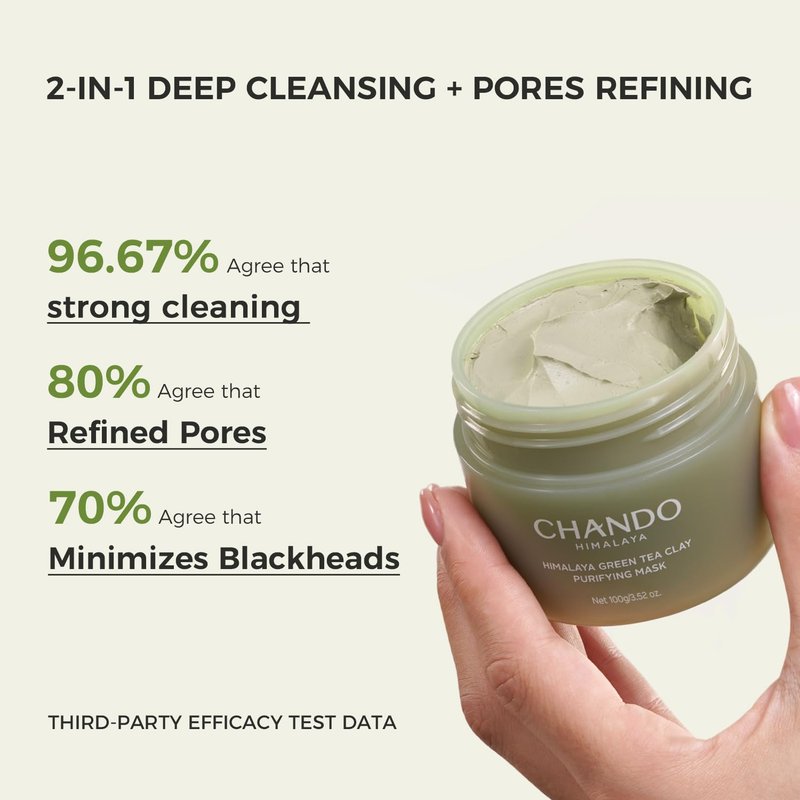 CHANDO HIMALAYA Purifying Green Tea Mask - Deep Pore Cleansing Facial Clay with Green Tea & Portulaca Extract | 3.52 fl. oz