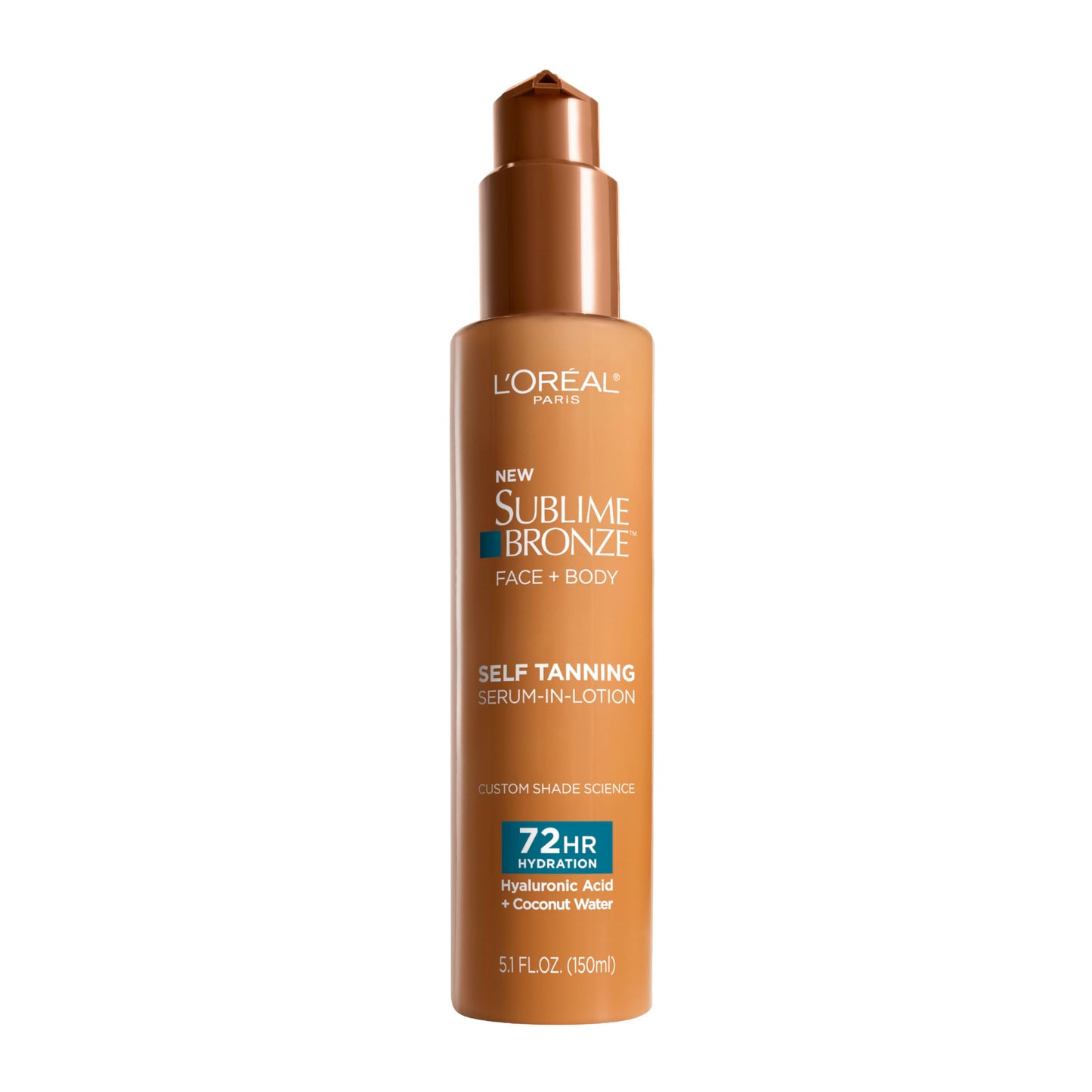 L'Oreal Paris Sublime Bronze Hydrating Self Tanning Serum-In-Lotion, Self Tanner for Face and Body with Coconut Water and Hyaluronic Acid, Provides Natural-Looking Color & 72 HR Hydration, 5 Fl Oz