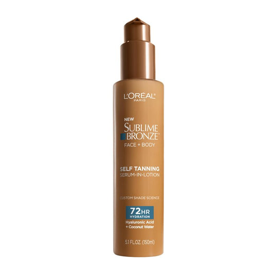L'Oreal Paris Sublime Bronze Hydrating Self Tanning Serum-In-Lotion, Self Tanner for Face and Body with Coconut Water and Hyaluronic Acid, Provides Natural-Looking Color & 72 HR Hydration, 5 Fl Oz